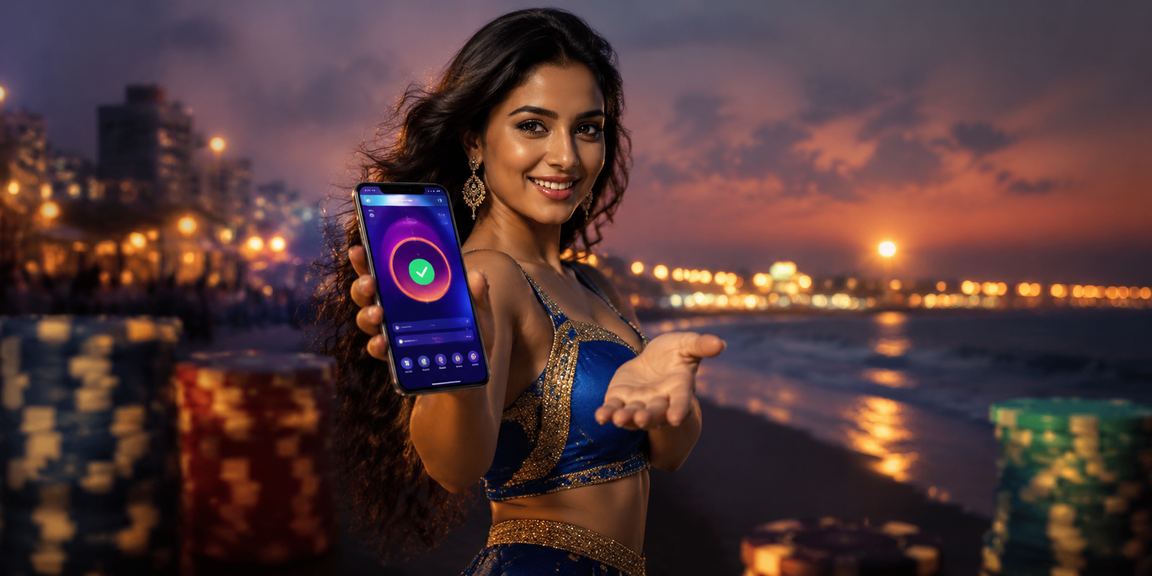 Young Indian cricket fan enjoying mobile sports betting with smartphone at Chennai beach