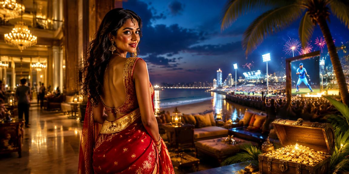 Female cricket fan in saree placing sports bets online in Delhi
