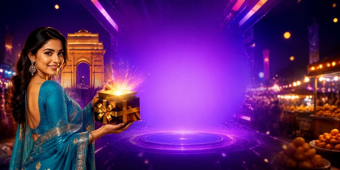 Indian woman in traditional saree checking lottery results on smartphone near India Gate, Delhi