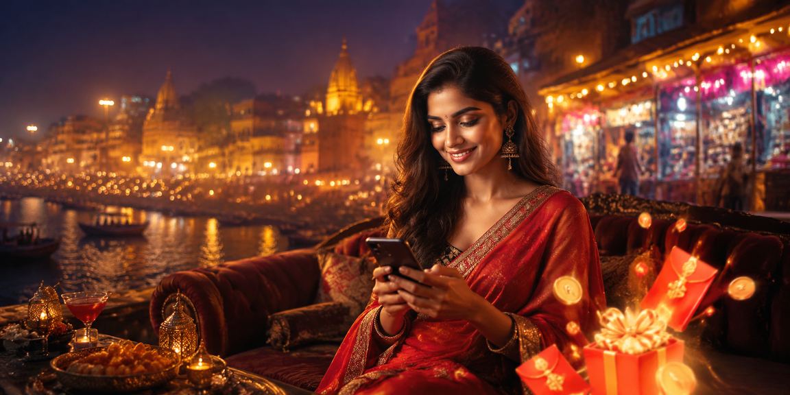 Night market illuminated with red envelopes symbolizing lottery and festive bonuses in Varanasi